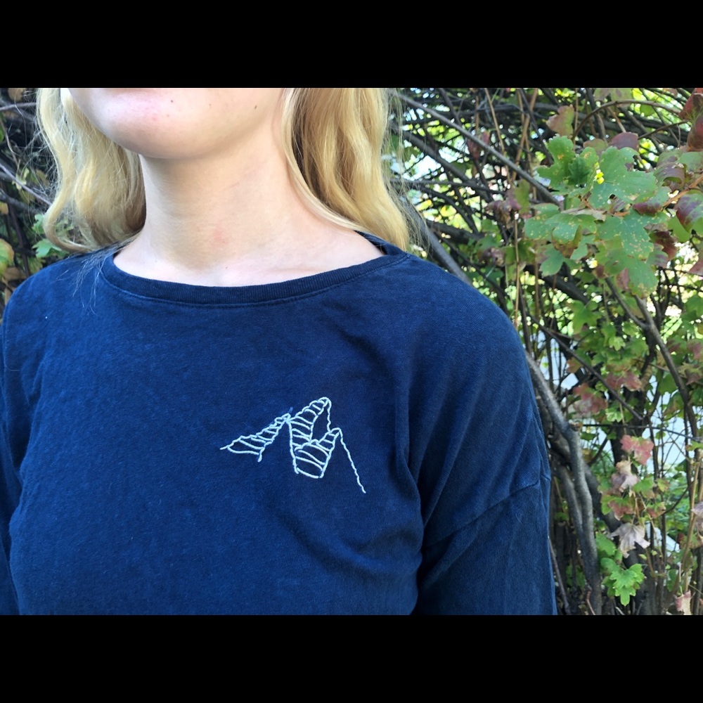 Navy long sleeve t with embroidered mountain